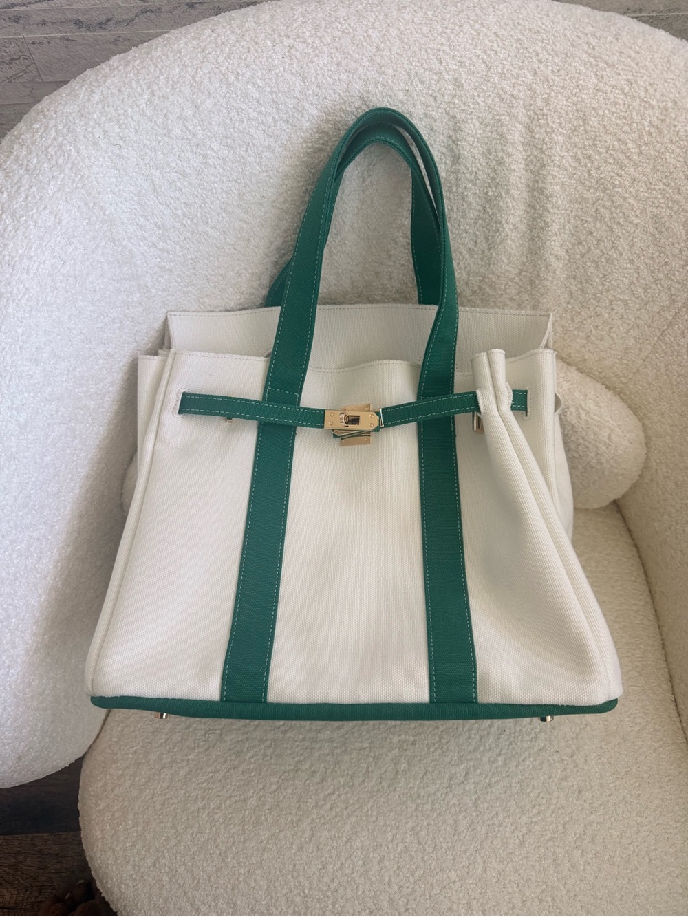 White Canvas Tote with Green Trim - Structured Everyday Bag
